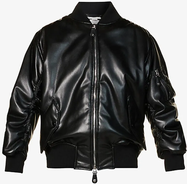 Womens Black Collared Ribbed-trim Woven Bomber Jacket