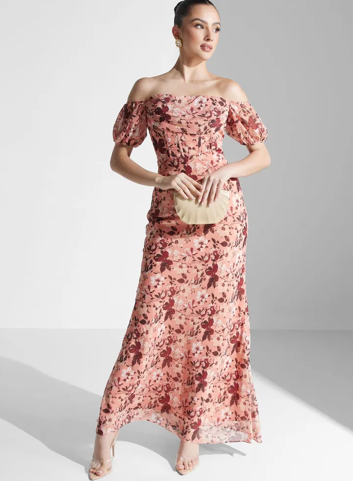 Floral Cowl Neck Corset Maxi Dress