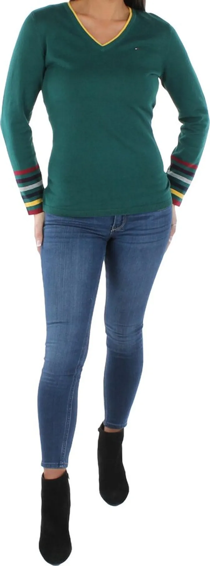 Womens Rainbow-Cuff V-neck Pullover Sweater