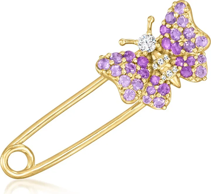 Ross-Simons Amethyst and . White Topaz Butterfly Safety Pin in 18kt Gold Over Sterling