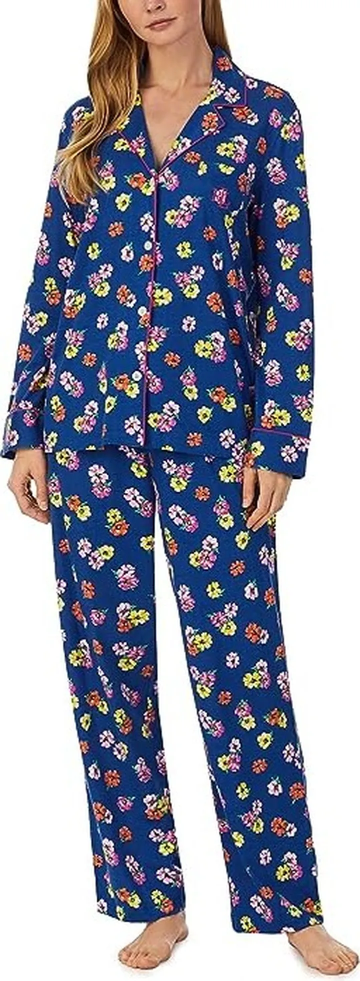 LAUREN Ralph Lauren Long Sleeve Knit Notch PJ Set (Navy Print) Women's Pajama Sets