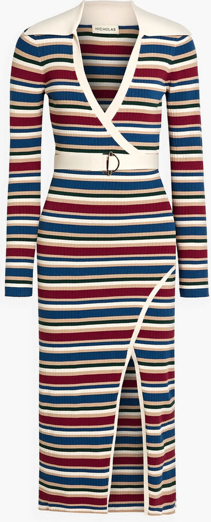 Serilda wrap-effect striped ribbed-knit midi dress