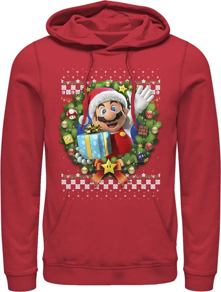 Men's Nintendo Ugly Christmas Mario Wreath Pull Over Hoodie - Red - Large