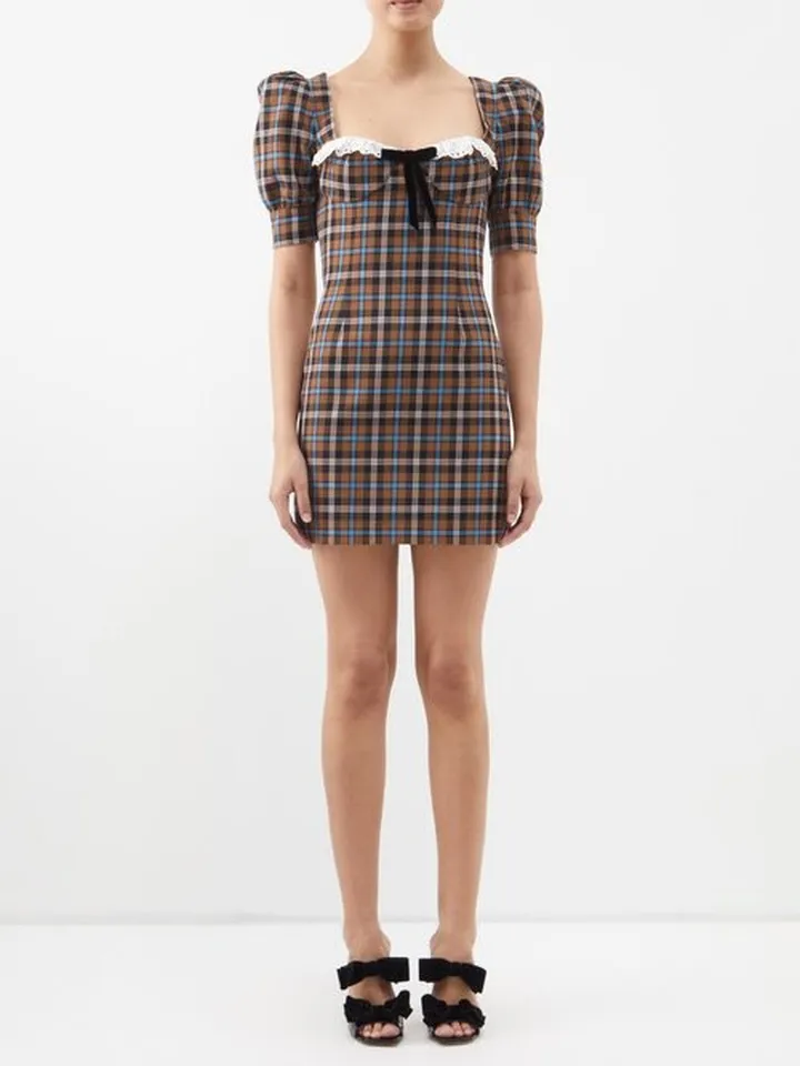 Sweetheart-neck Checked Wool Mini Dress