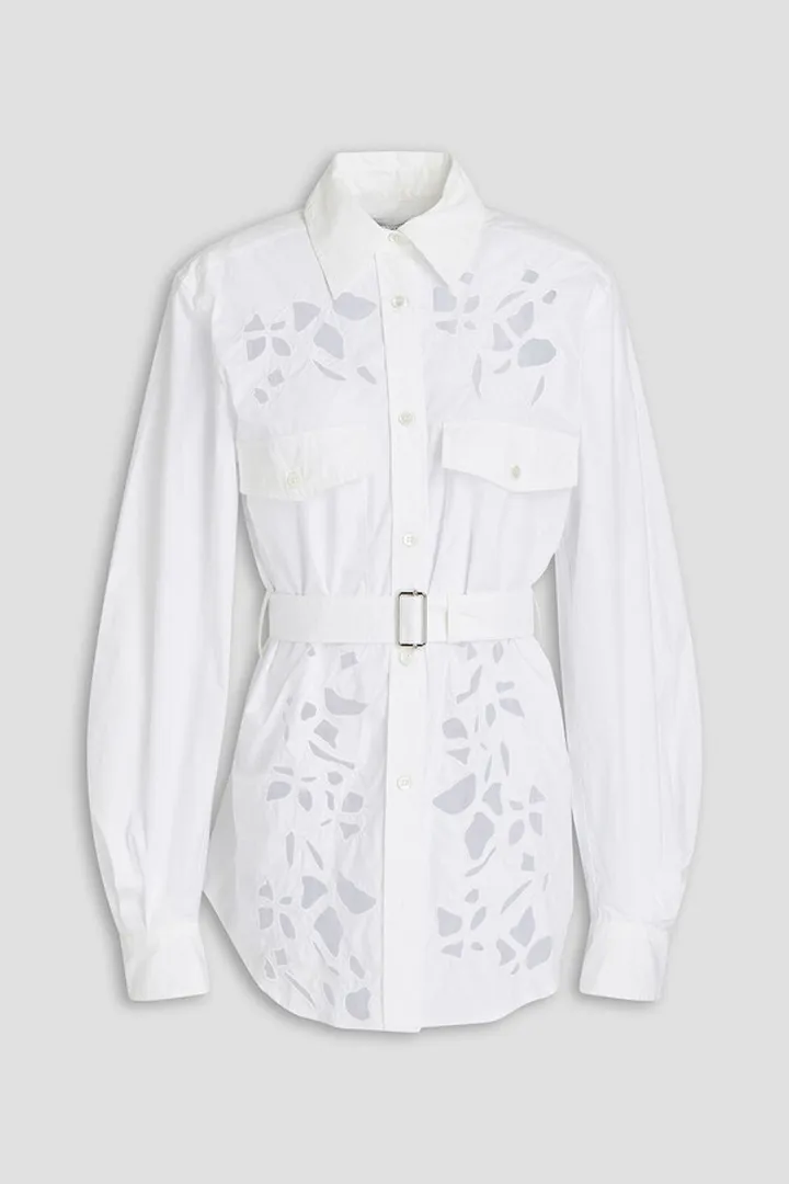 Belted cutout cotton-poplin shirt