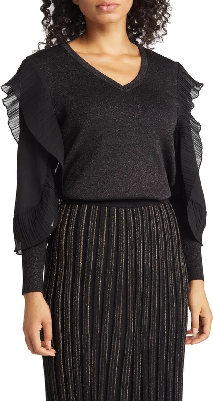 Ruffle Trim Sparkle Knit Tunic Blouse