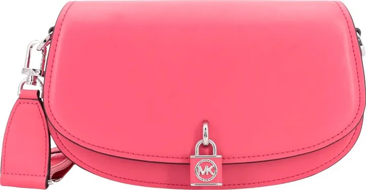 Leather shoulder bag with frontal logoed padlock