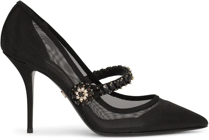 Crystal-Strap Mesh Pumps
