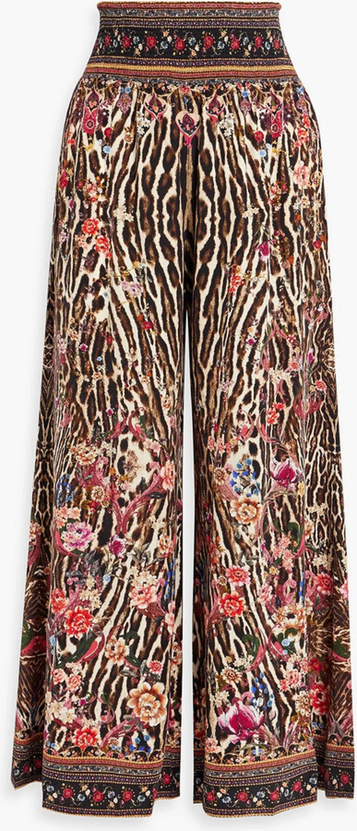 Crystal-embellished printed silk crepe de chine wide-leg pants