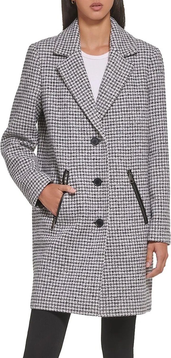 Houndstooth Tweed Wool Blend Coat