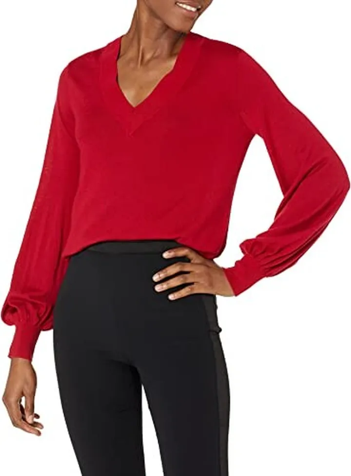 Trina Turk Women's V Neck Puff Sleeve Sweater