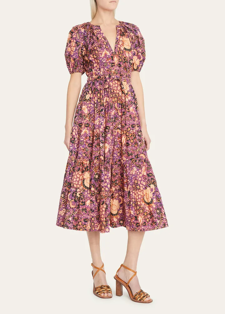 Olina Puff-Sleeve Tiered Midi Dress