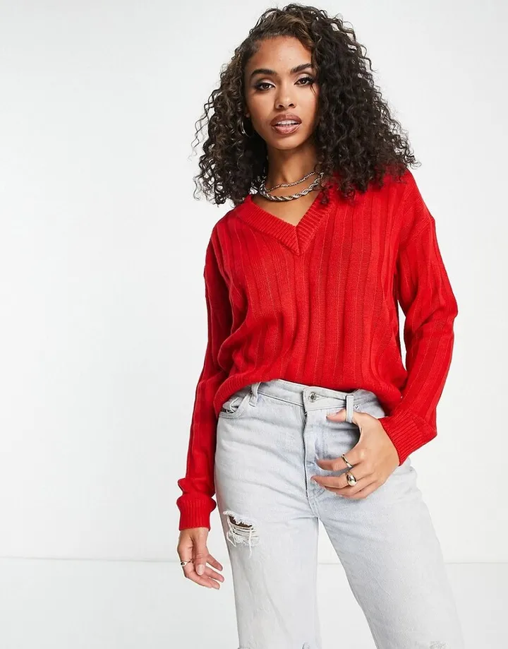 Brave Soul martha ribbed v-neck sweater in red