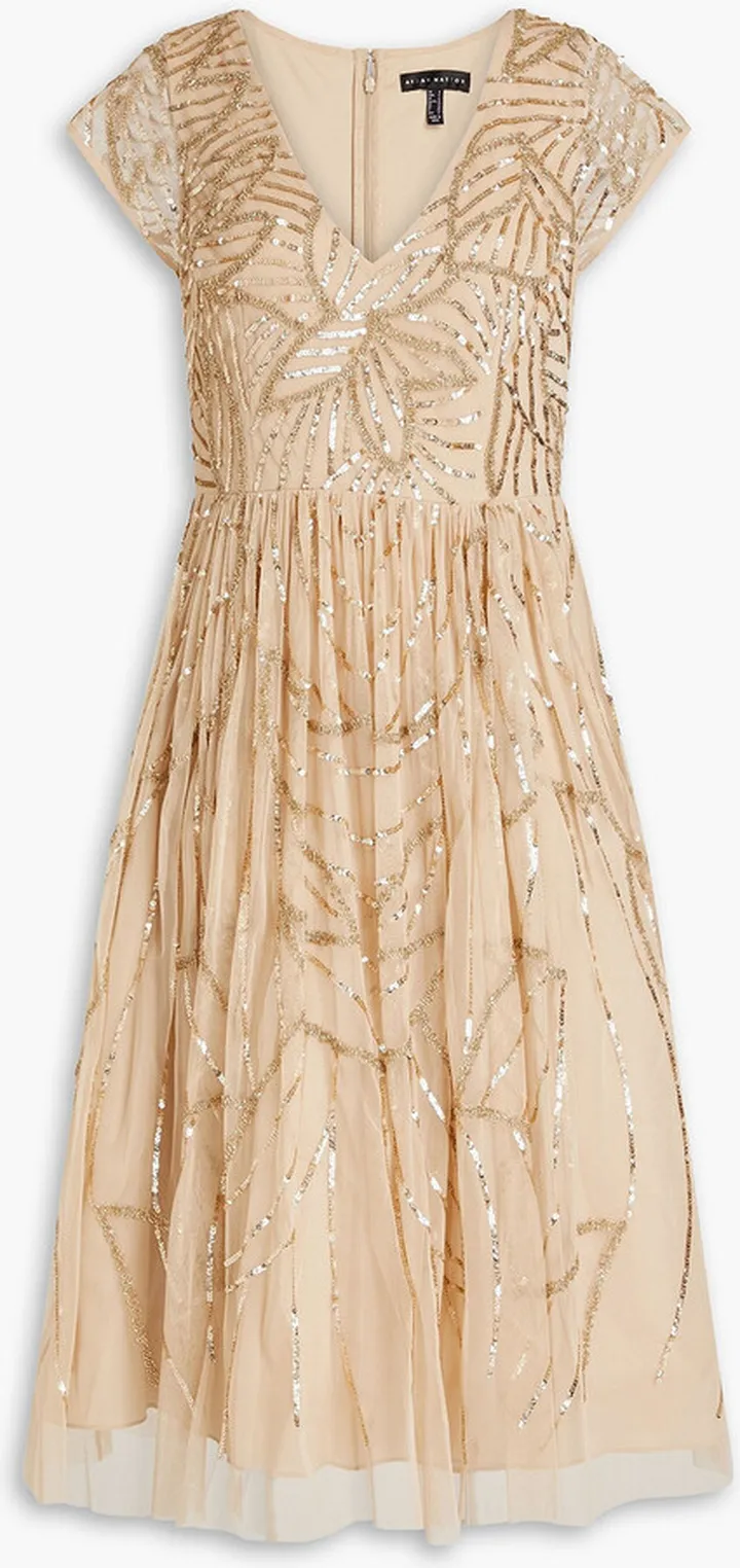 Gathered embellished tulle midi dress