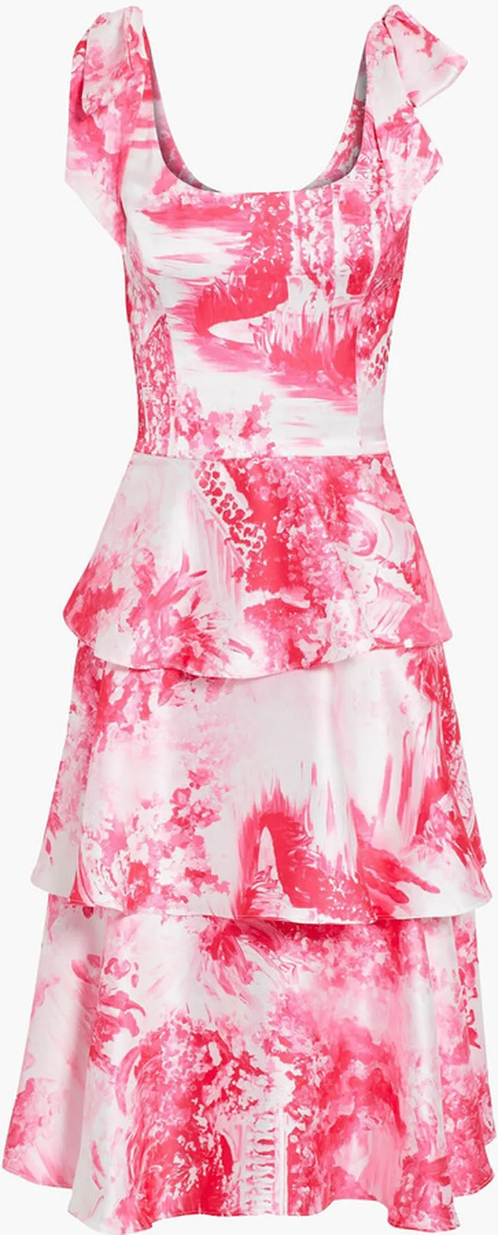 Bow-embellished tiered printed satin dress