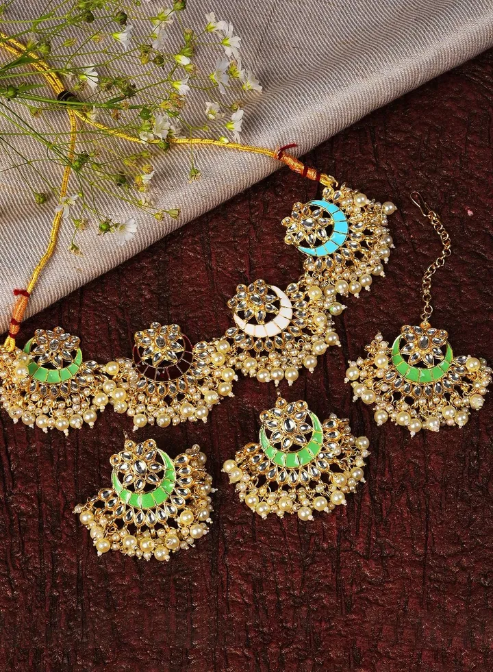 Gold Plated Designer Stone Pearl Necklace, Earrings and Maang Tikka Set