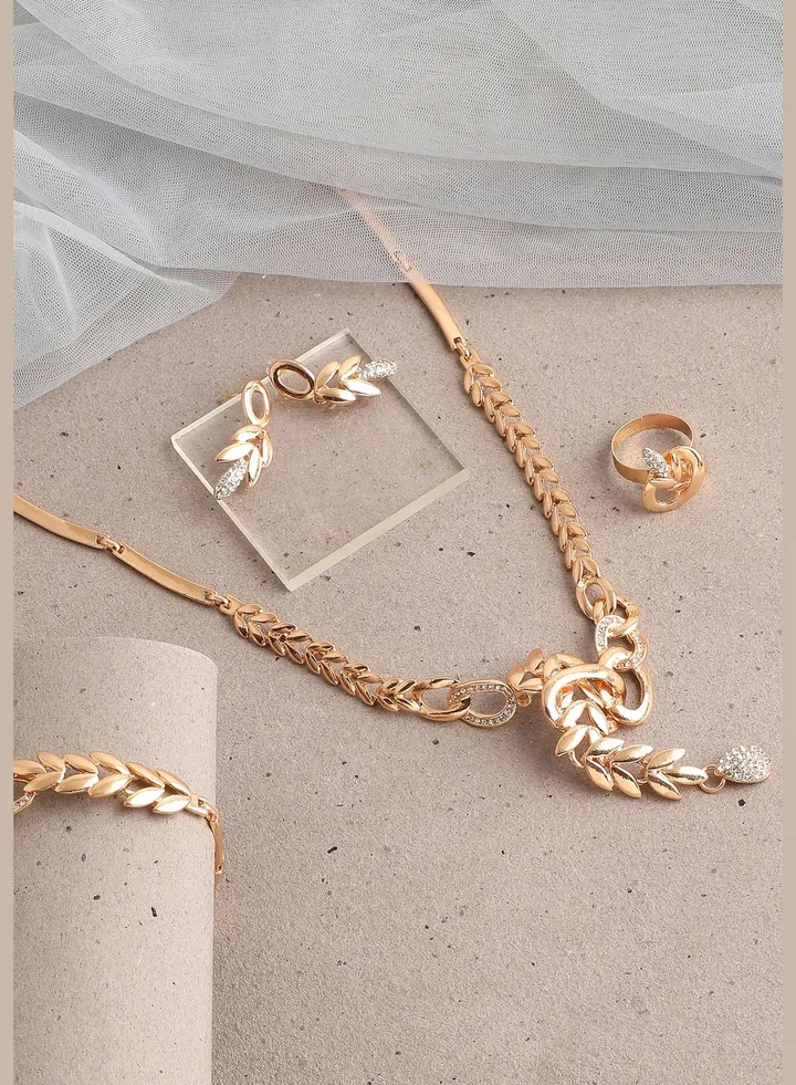 Gold Plated Designer Stone Necklace, Earring, Ring and Bracelet Set