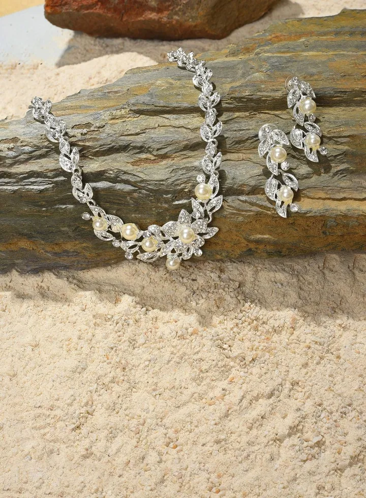 Silver Plated Designer Stone Necklace and Earring Set Jewellery Set