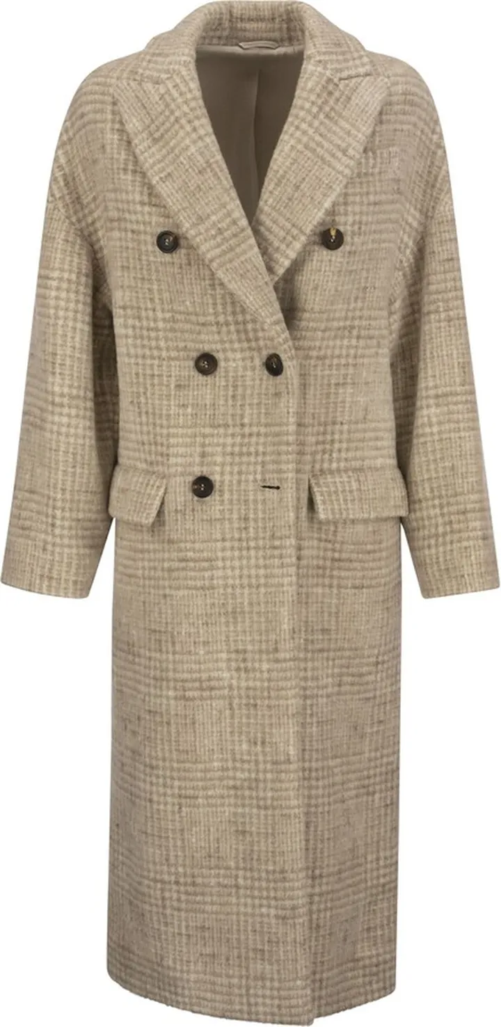 Prince Of Wales Cloth Coat In Alpaca And Wool With Jewellery Brunello Cucinelli