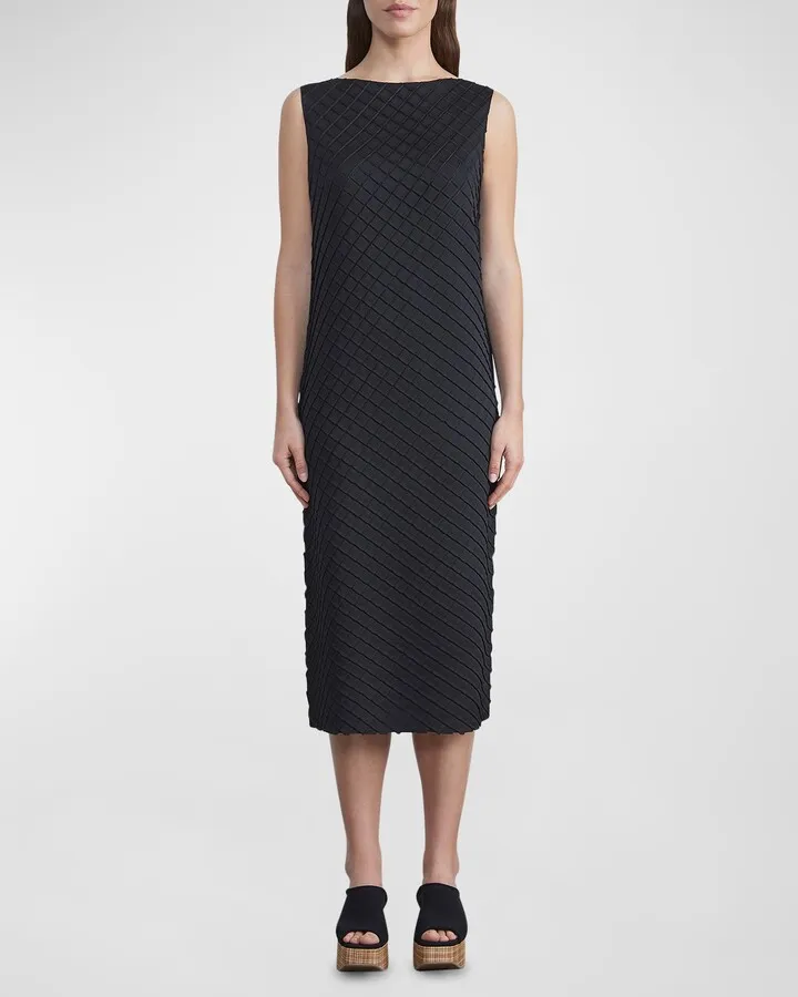Diamond-Pleated Sleeveless Satin Midi Dress