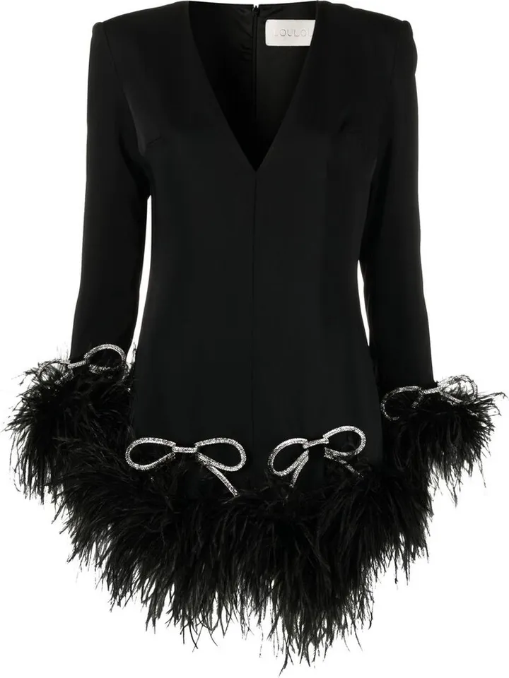 Bow-Embellished Feather-Trimmed Minidress