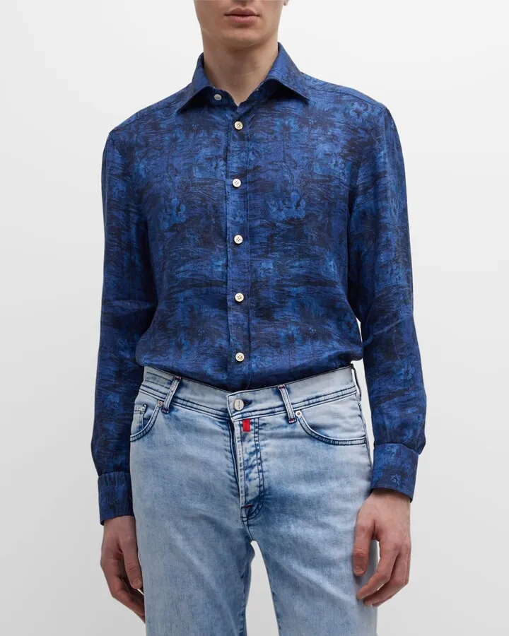 Men's Floral-Print Linen Sport Shirt