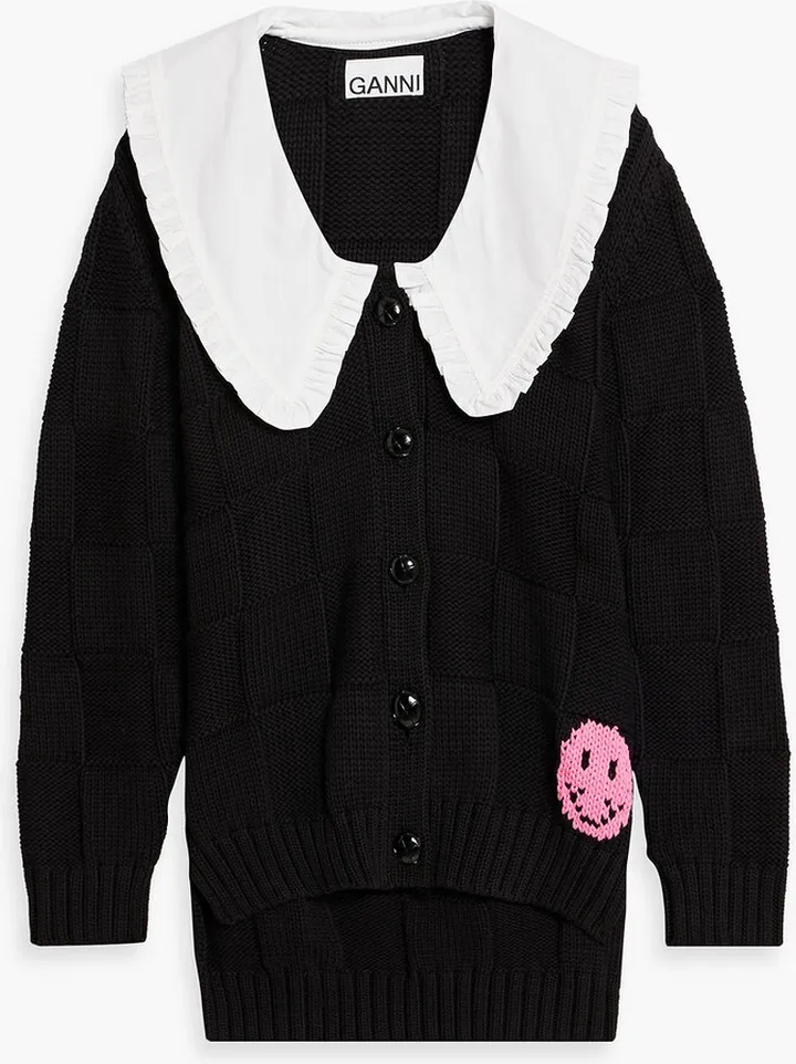 Poplin-paneled intarsia cotton-blend cardigan