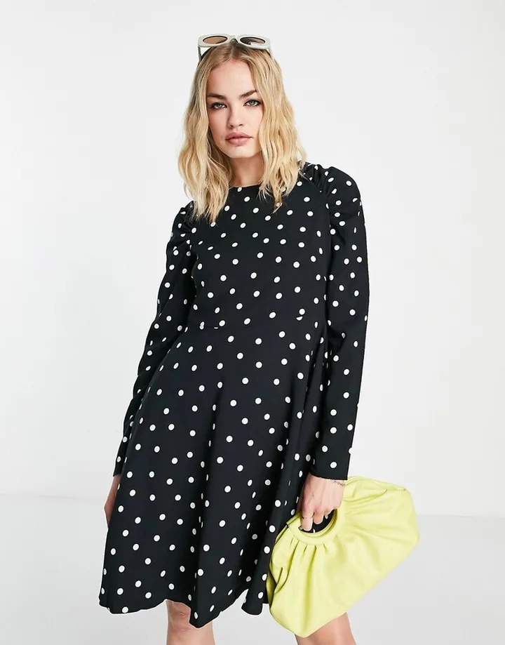 Closet London mini dress with pockets in black polkadot