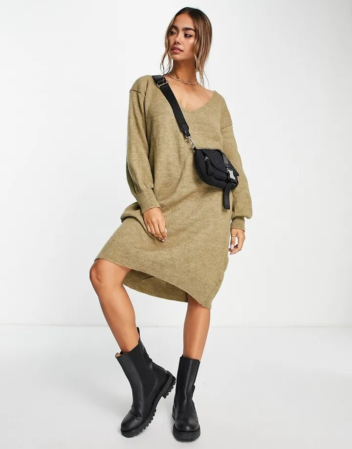 Y.A.S Emmy deep v-neck knit dress in taupe