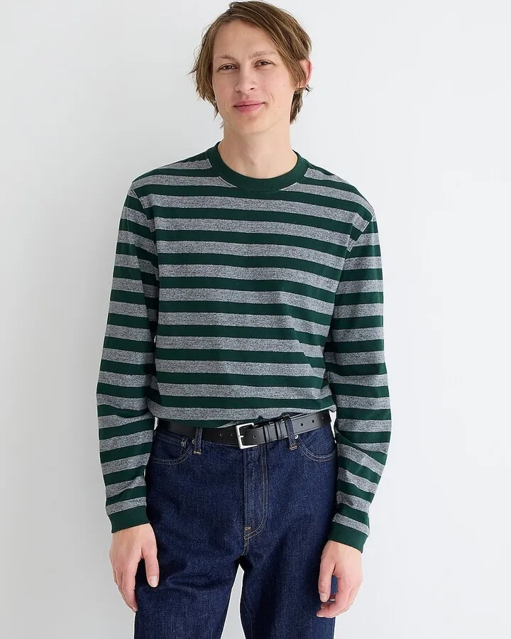Relaxed long-sleeve premium-weight cotton T-shirt in stripe