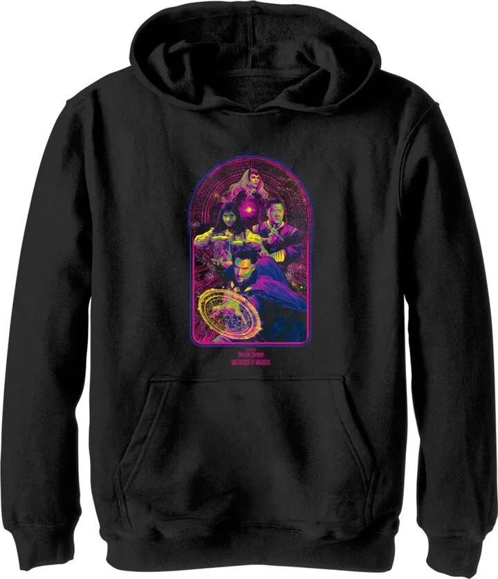Boy's Marvel Doctor Strange in the Multiverse of Madness Neon Group Shot Pull Over Hoodie - Black - Small
