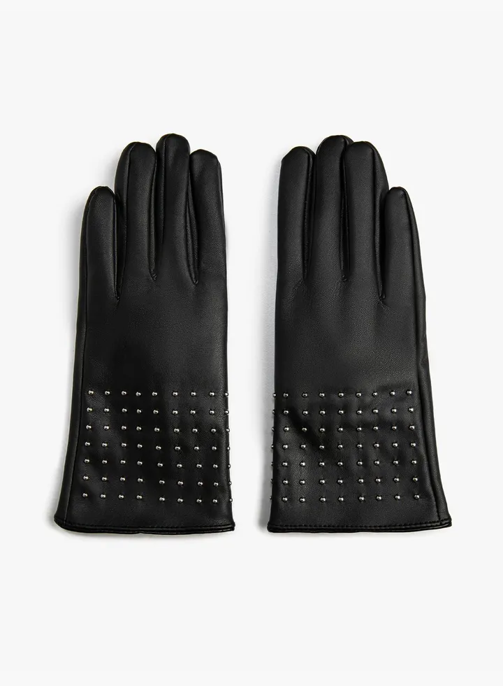 Faux Leather Gloves Stamp Detail Plush Lined
