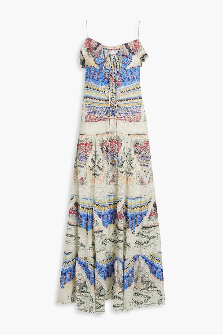 Crocheted lace-trimmed printed silk-georgette maxi dress