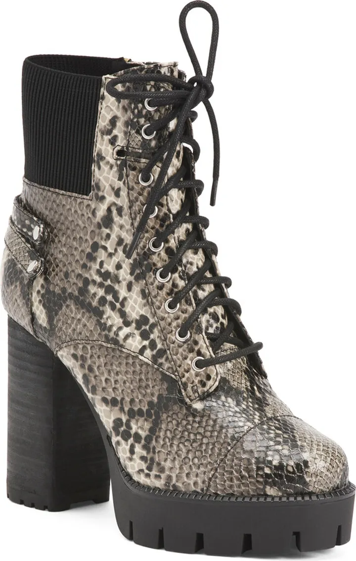 Snake Print Lace Up Heel Booties