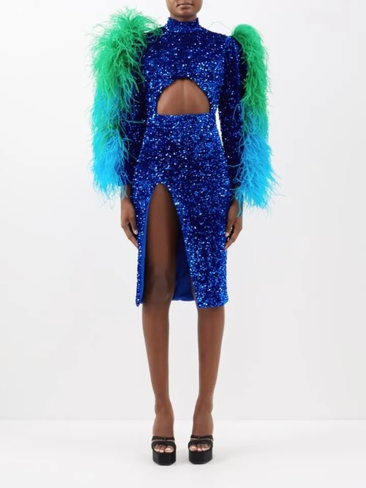 Feather-trim Sequinned Side-slit Dress