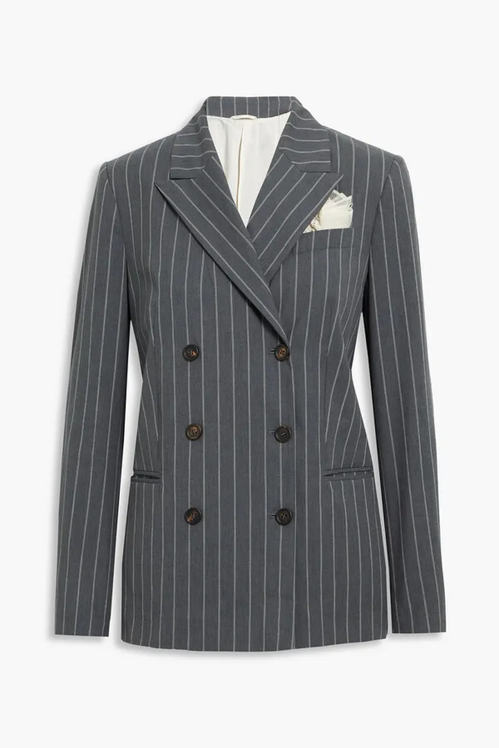 Pinstriped double-breasted cotton-blend woven blazer