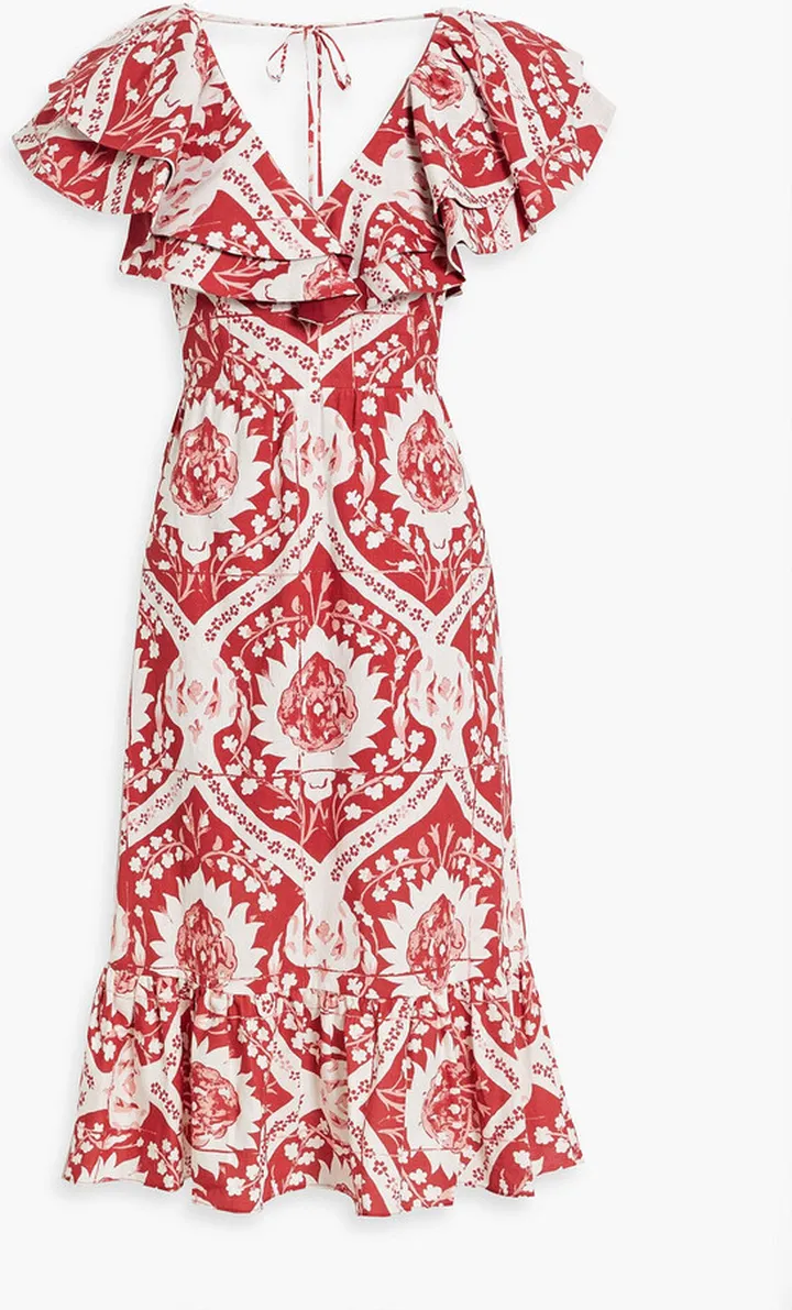Ruffled printed hemp and cotton-blend midi dress