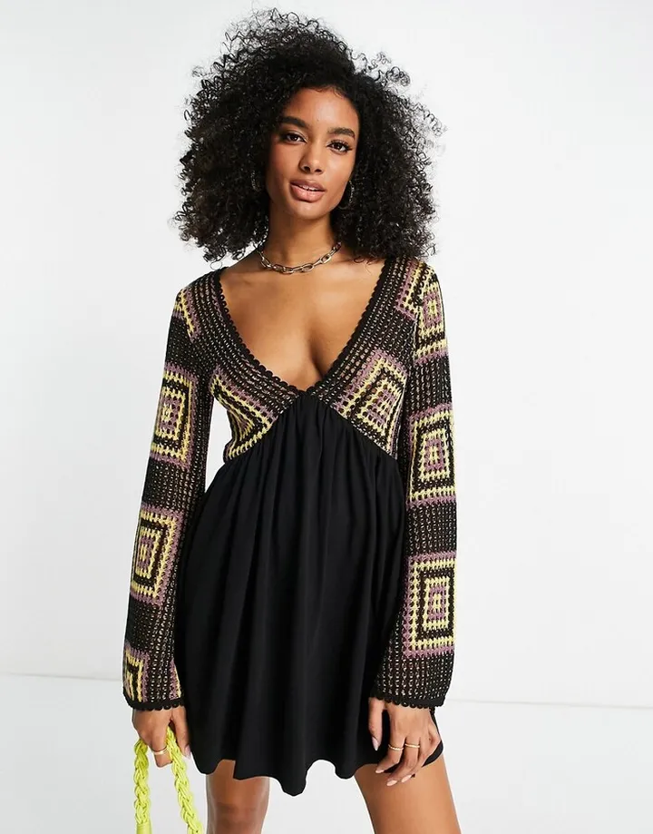 ASOS DESIGN flare sleeve crochet mini dress in black