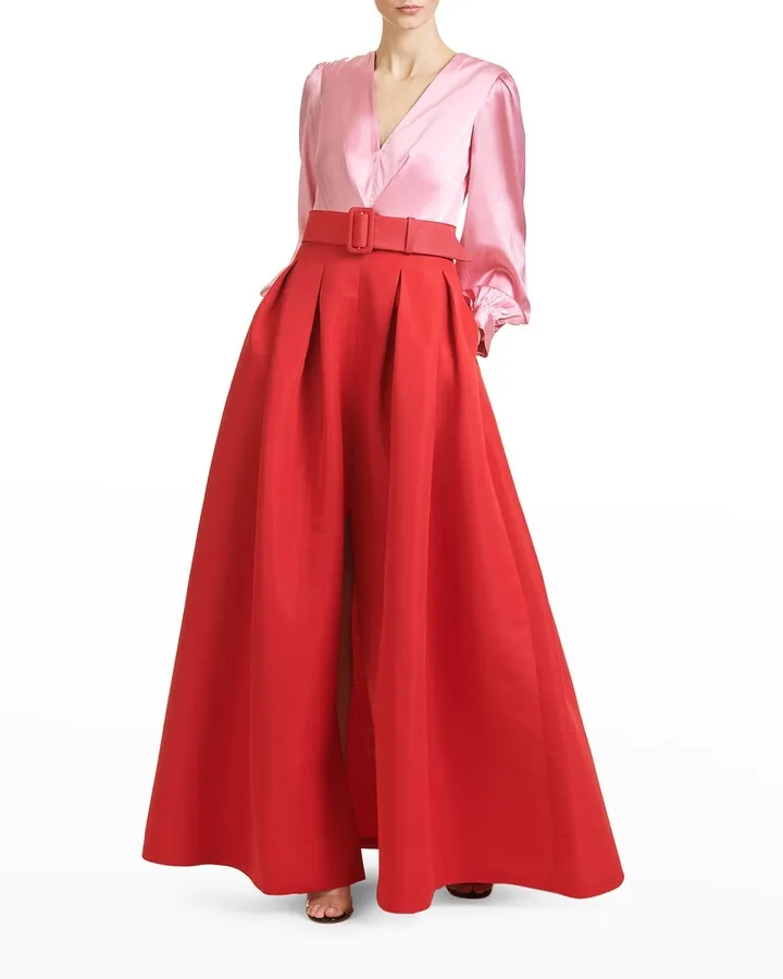 Zoe Belted Long-Sleeve Pleated Gown