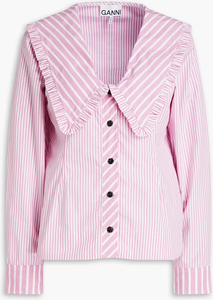 Ruffle-trimmed striped cotton-poplin blouse