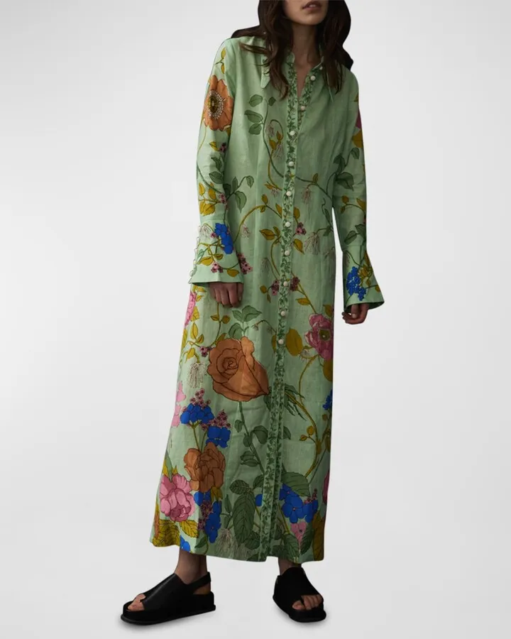 Olivia Floral Linen Maxi Shirtdress