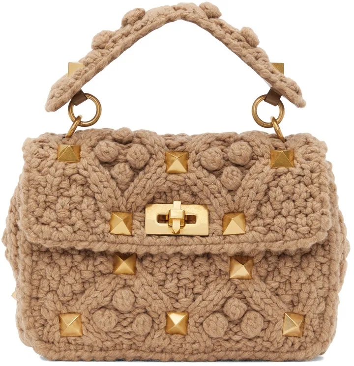 Valentino Garavani Beige Cashmere Medium Roman Stud Bag