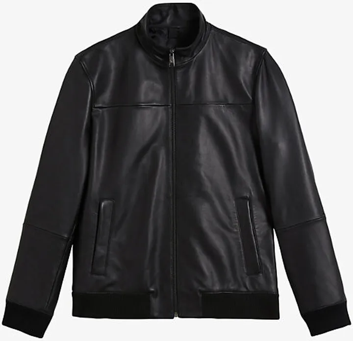 Mens Black Dwite High-neck Leather Jacket