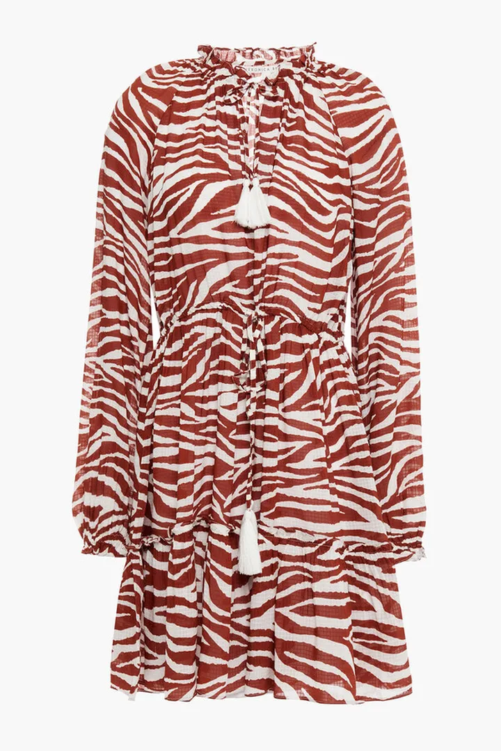 Danica tasseled gathered tiger-print woven mini dress