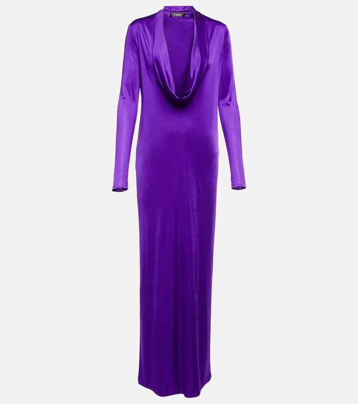 Cowl-neck draped satin gown