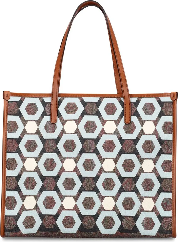 Patch printed PVC & leather tote bag