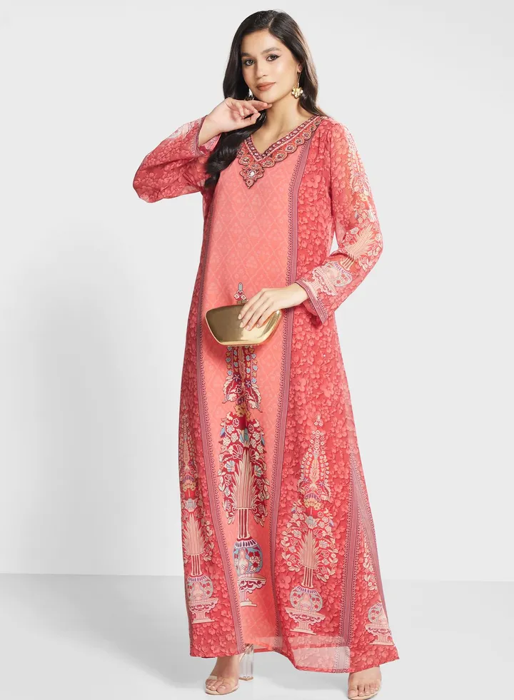 V-Neck Floral Printed Jalabiya