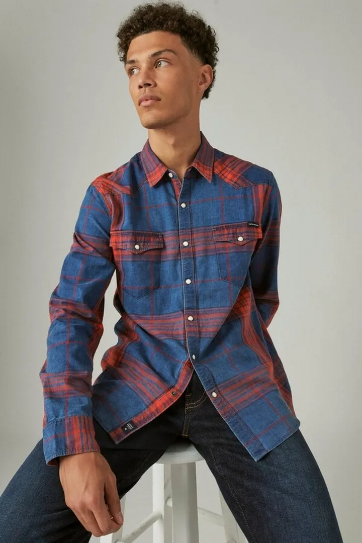 Plaid Indigo Long Sleeve Western Shirt