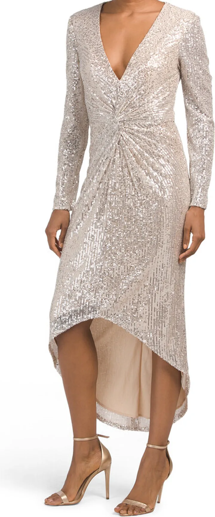 Long Sleeve Sequin Twist Front Cocktail Dress