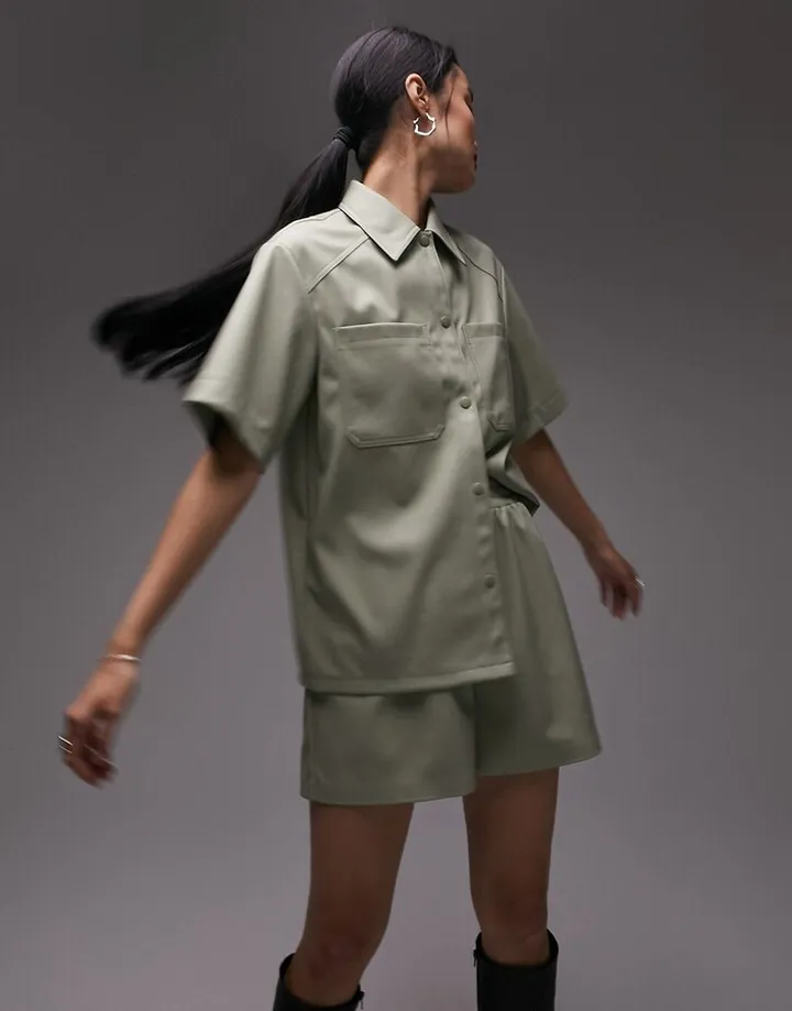 Topshop faux leather short sleeve shacket in sage - part of a set
